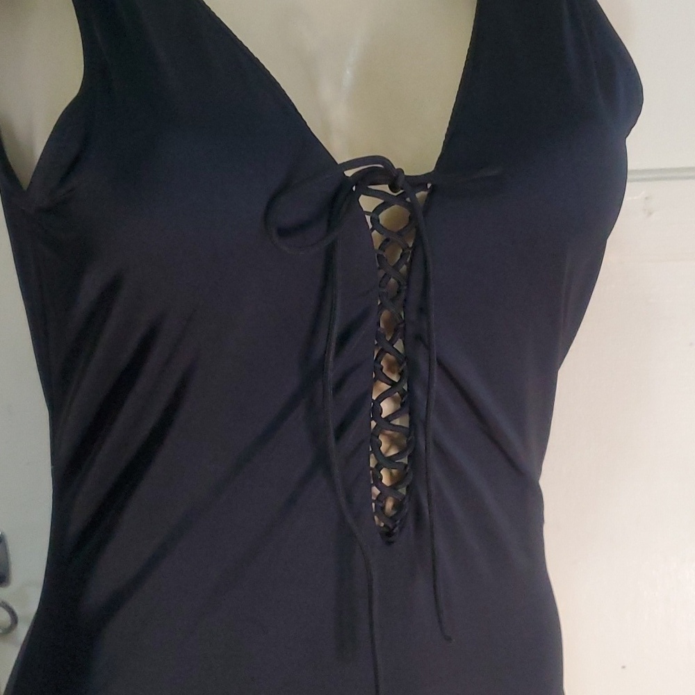 Pour Moi Black Lace-Up Front One Piece Swimsuit Size Uk 16 US 12 - Picture 2 of 9